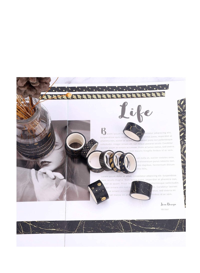 Black Gold Washi Tape, DIY Gift Wrap Scrapbooking and Craft, Sticky Adhesive Paper Masking Tape Decorative Sticker with Lovely Printed Patterns and Long-Lasting Colors (10Rolls) - Image 5
